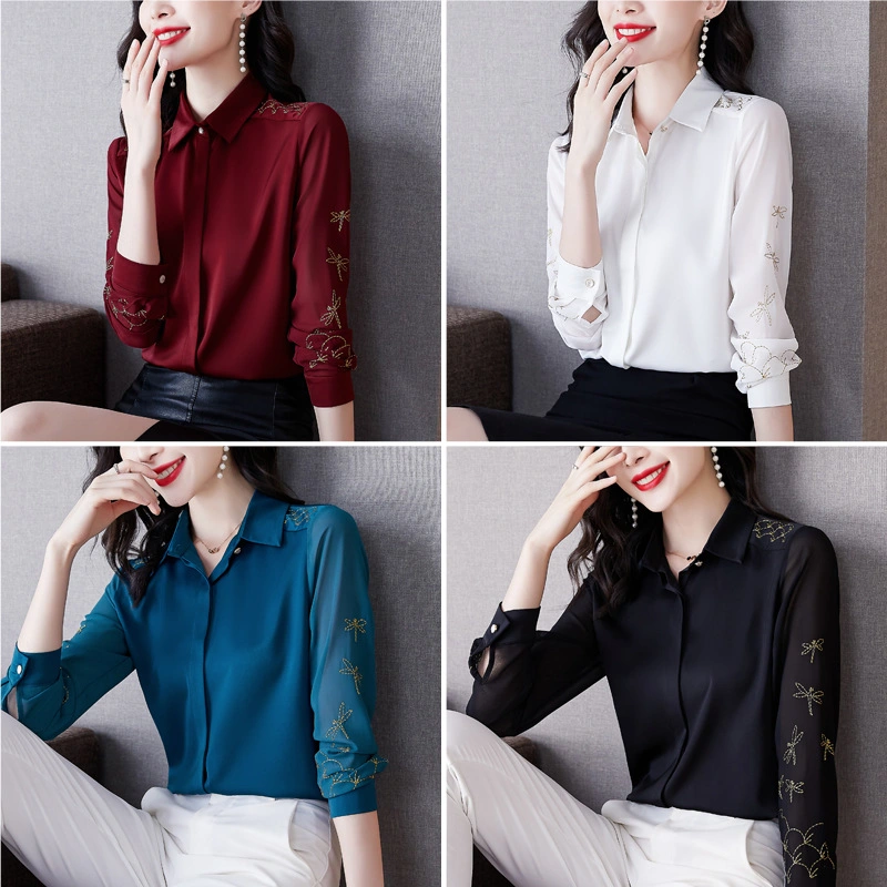 New Style High-Quality Temperament Silk Satin Women′s Business Shirt